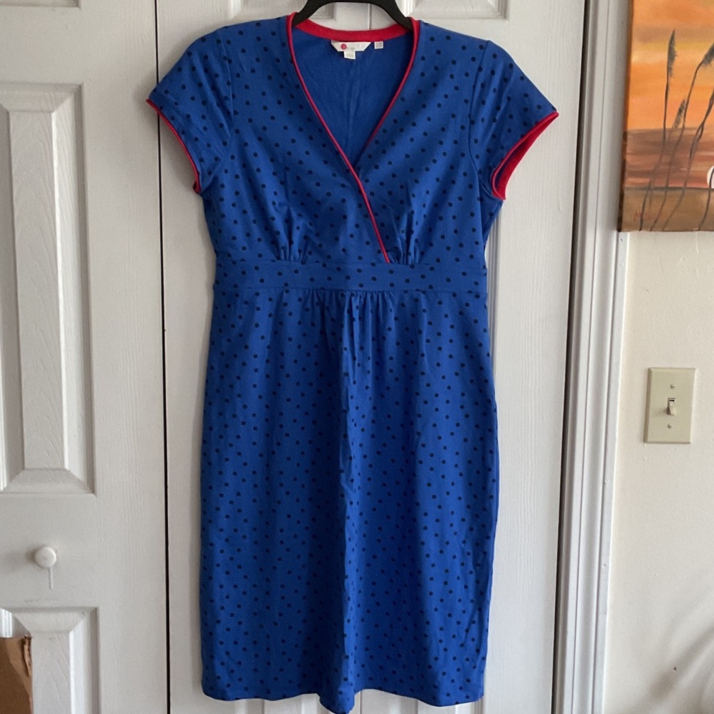 Boden Blue Polka Dot Midi Dress with Red Trim